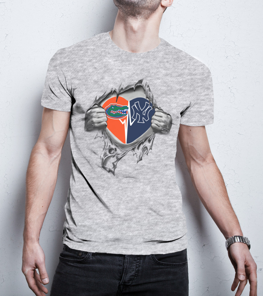 Yankees Gators Heart With Split Logo Of Ny Yankees And Florida Gators T-Shirt