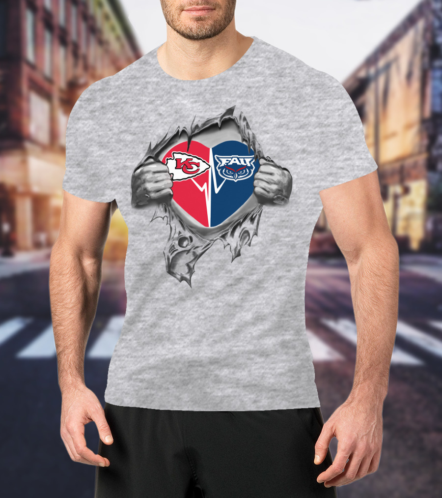 Kansas City Chiefs Fau Owls Dual Heart Symbol With Torn Fabric T-Shirt