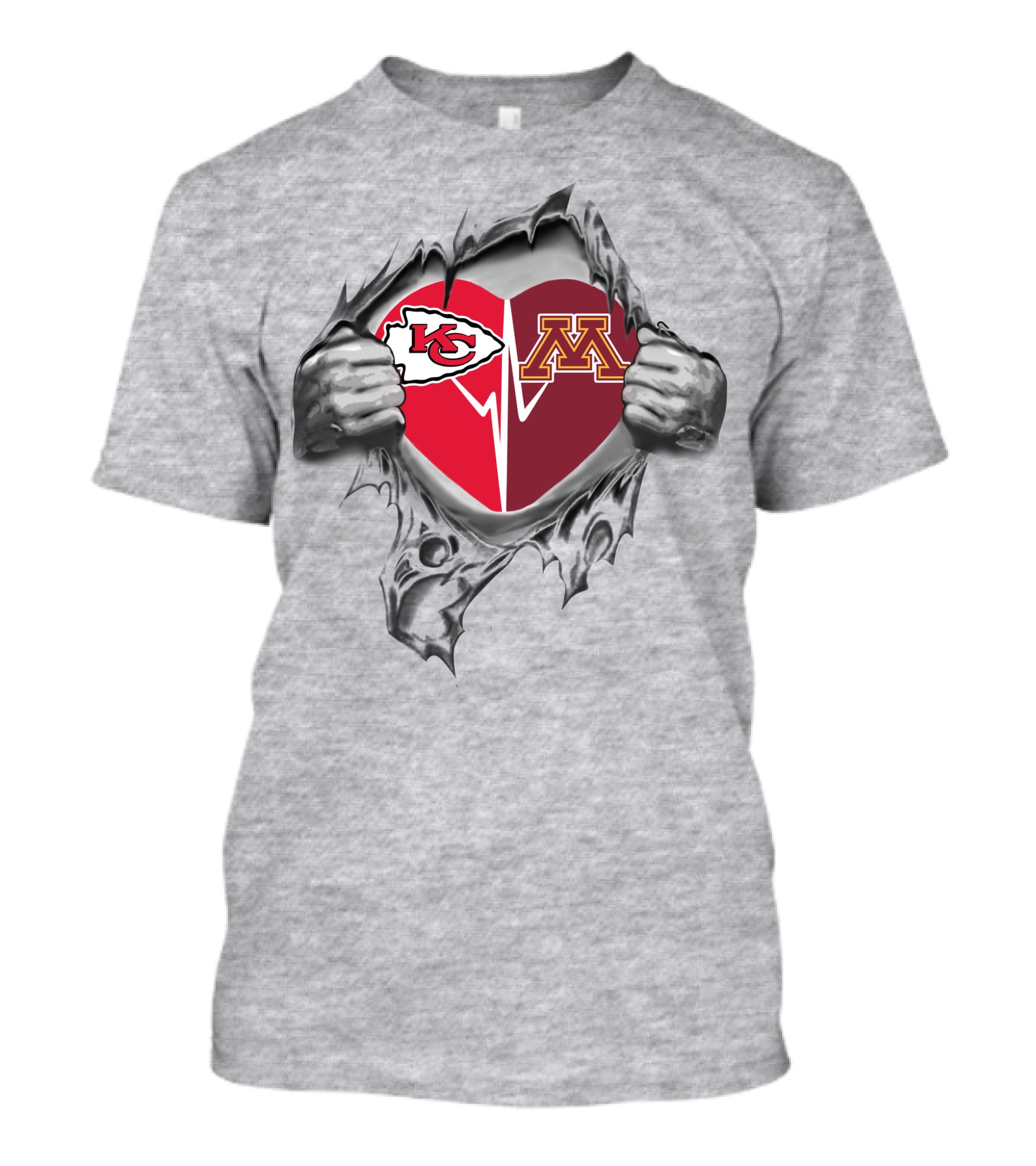 Kansas City Chiefs Minnesota Gophers Heart Logos Torn Gray T-Shirt
