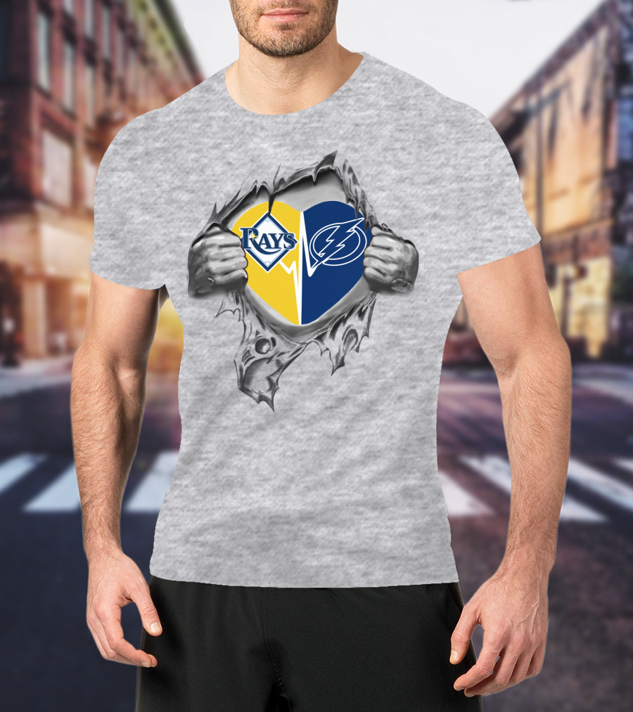 Rays Lightning Heart With Torn Background Featuring Team Logos T-Shirt
