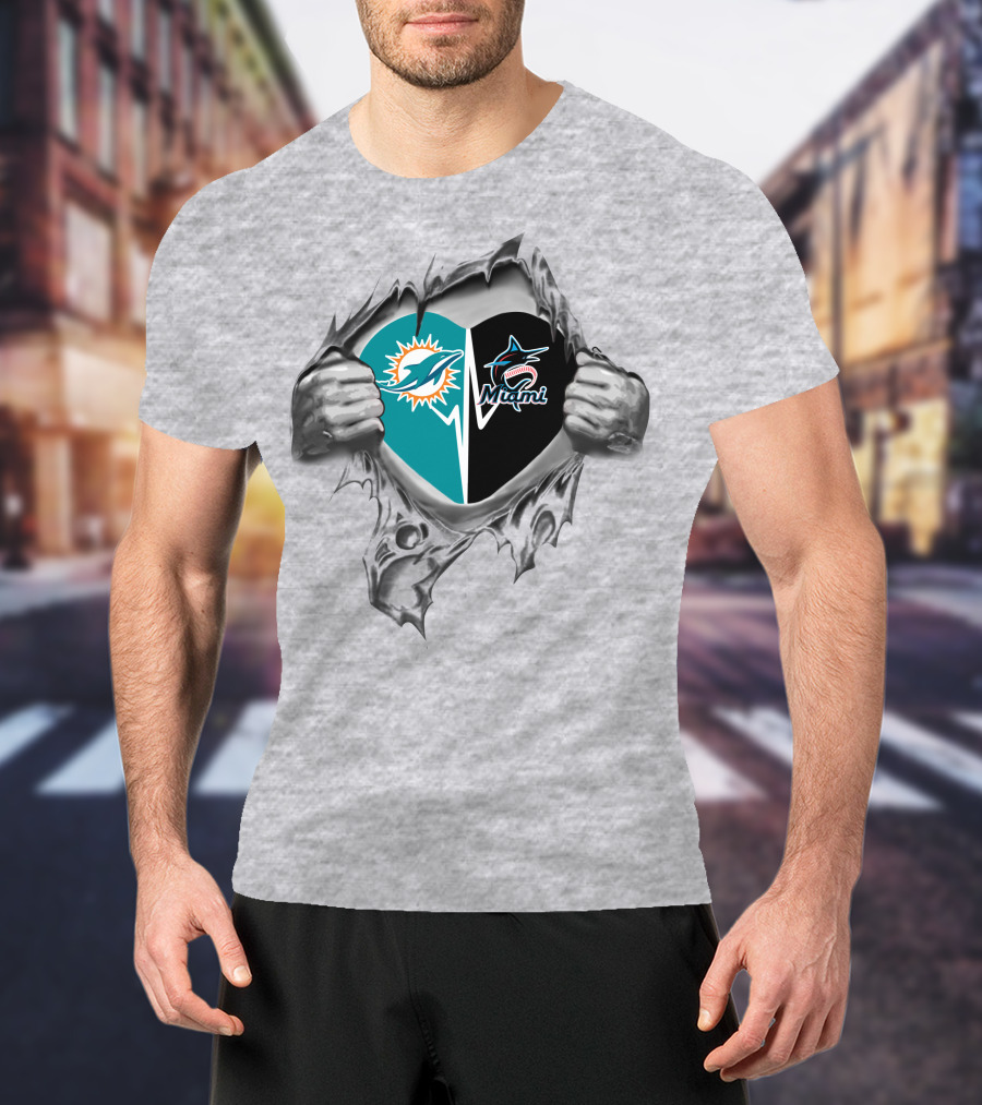 Miami Dolphins Marlins Heart Torn Reveal T-Shirt