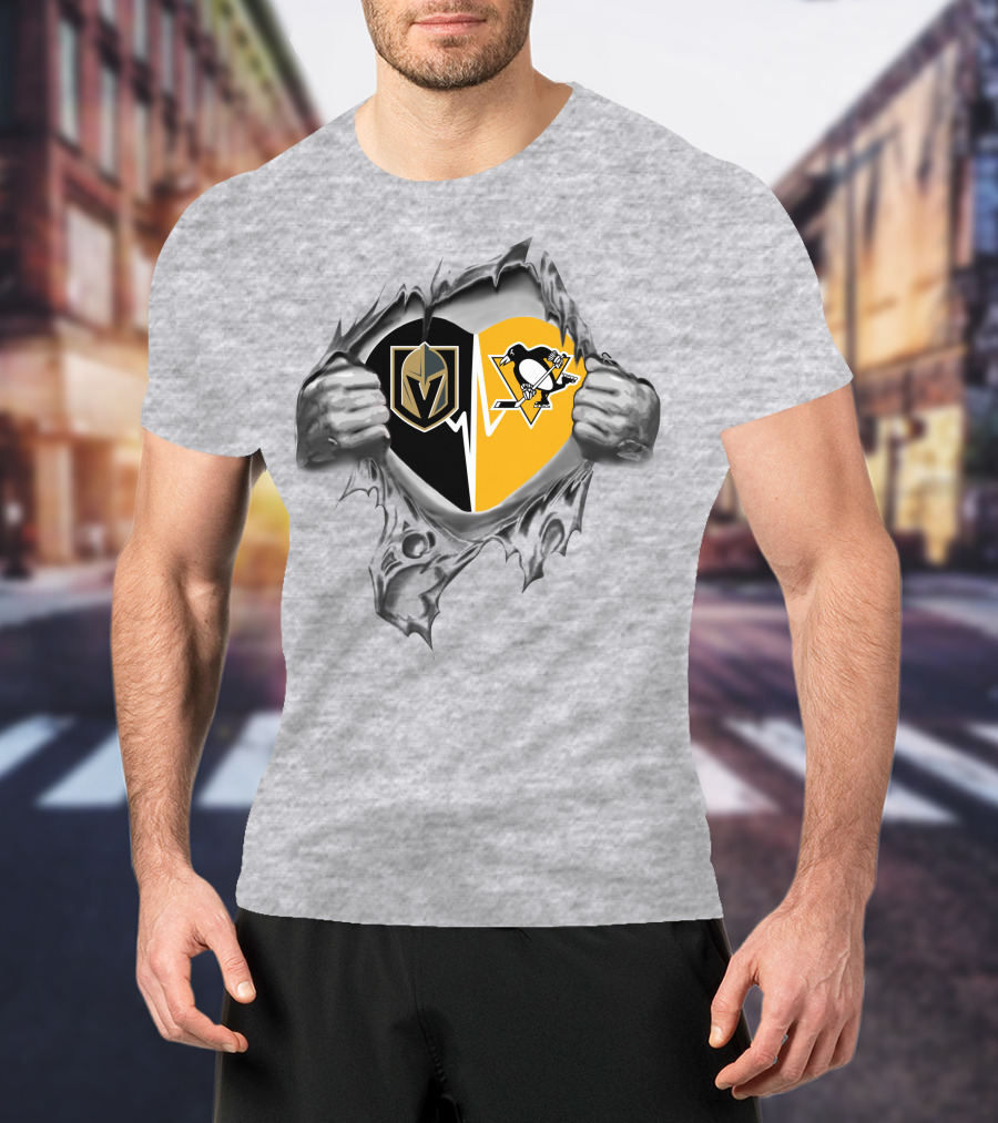 Vegas Golden Knights Pittsburgh Penguins Heartbeat Torn Fabric T-Shirt