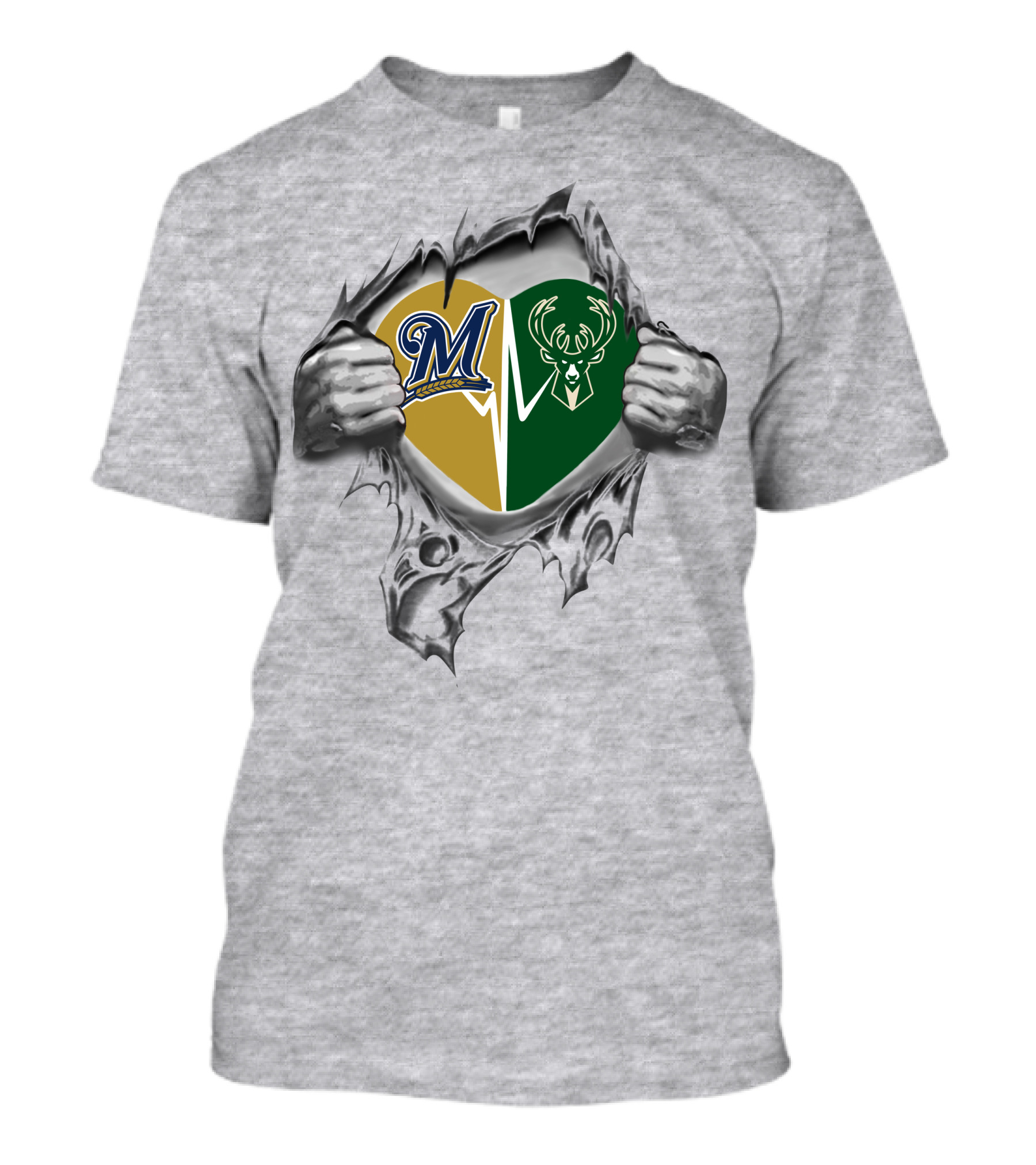 Milwaukee Brewers Bucks Heart Torn Open Hands T-Shirt