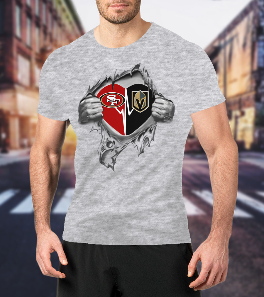 San Francisco 49ers And Vegas Golden Knights Heart Torn Open T-Shirt