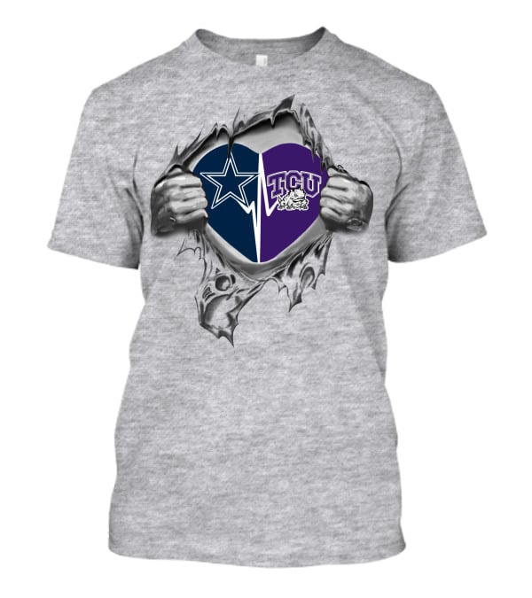 Cowboys Tcu Horned Frogs Heart With Hands Peeling Back Silver Armor T-Shirt