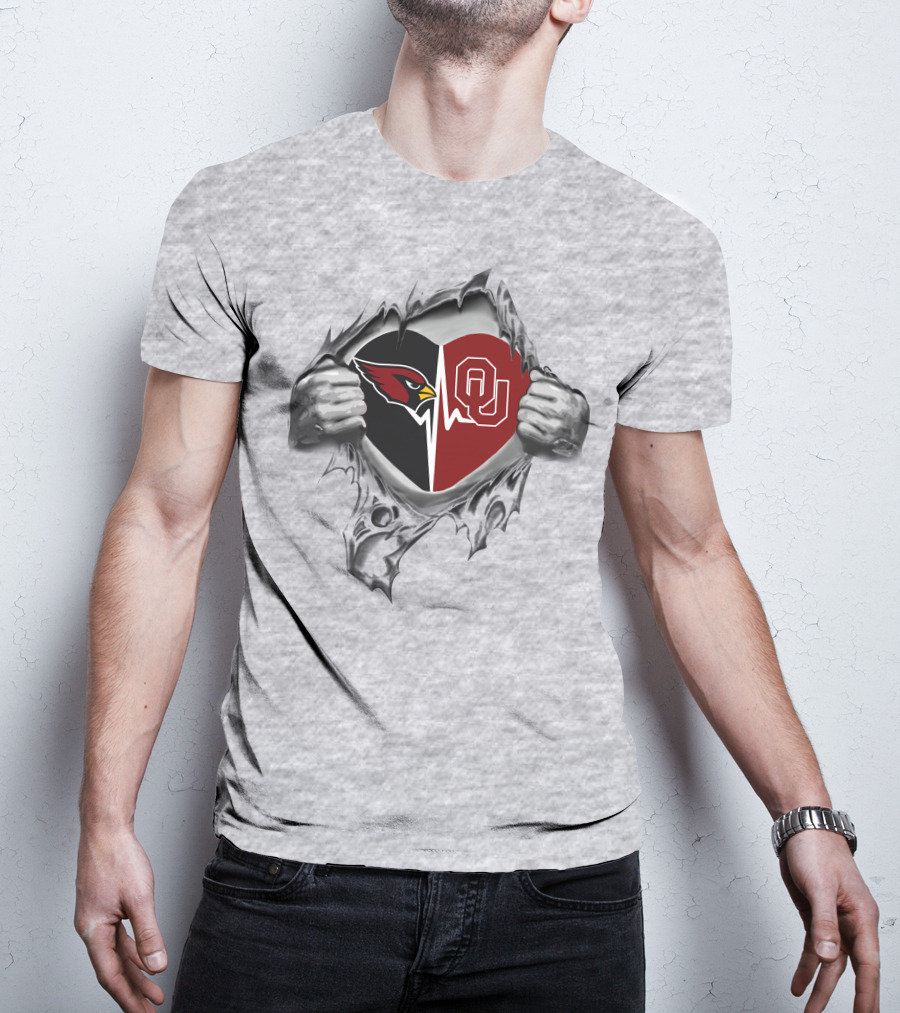 Cardinals Sooners Heart With Split Logo And Tear T-Shirt