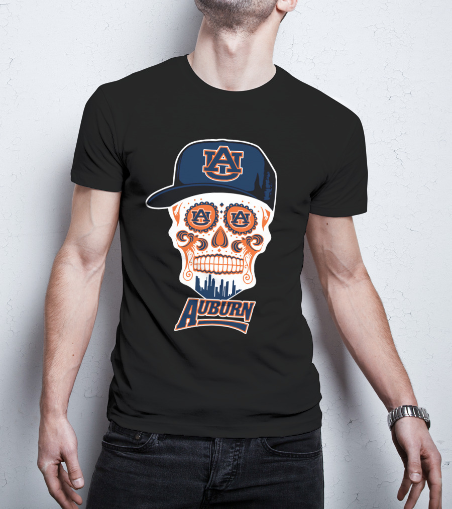Auburn Tigers Skull Sugar Skull Design With Cap T-Shirt