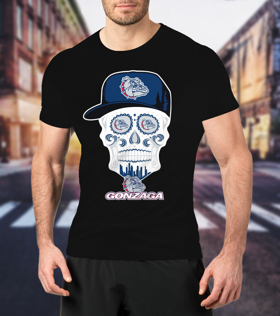 Gonzaga Bulldogs Skull With Hat And City Skyline T-Shirt