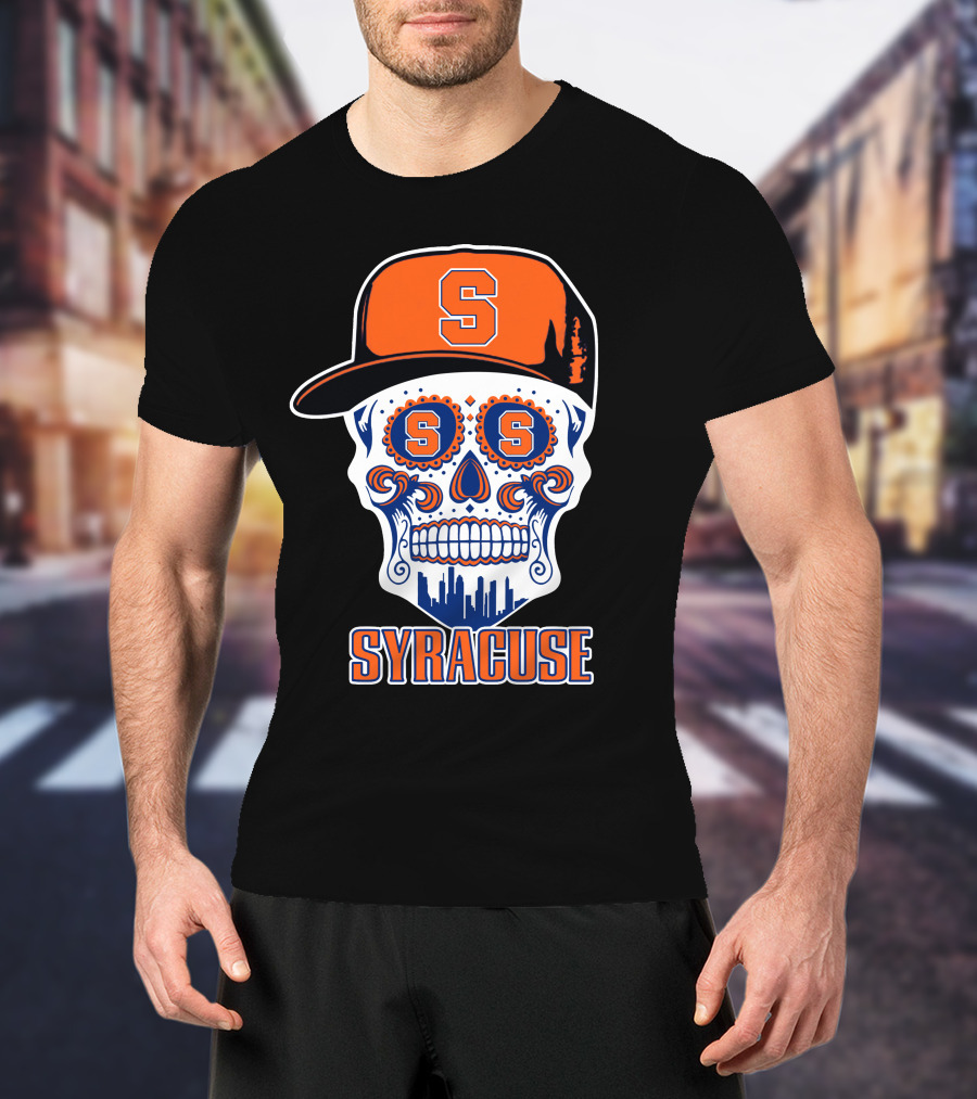 Syracuse Orange Skull With Baseball Cap And Cityscape Elements T-Shirt