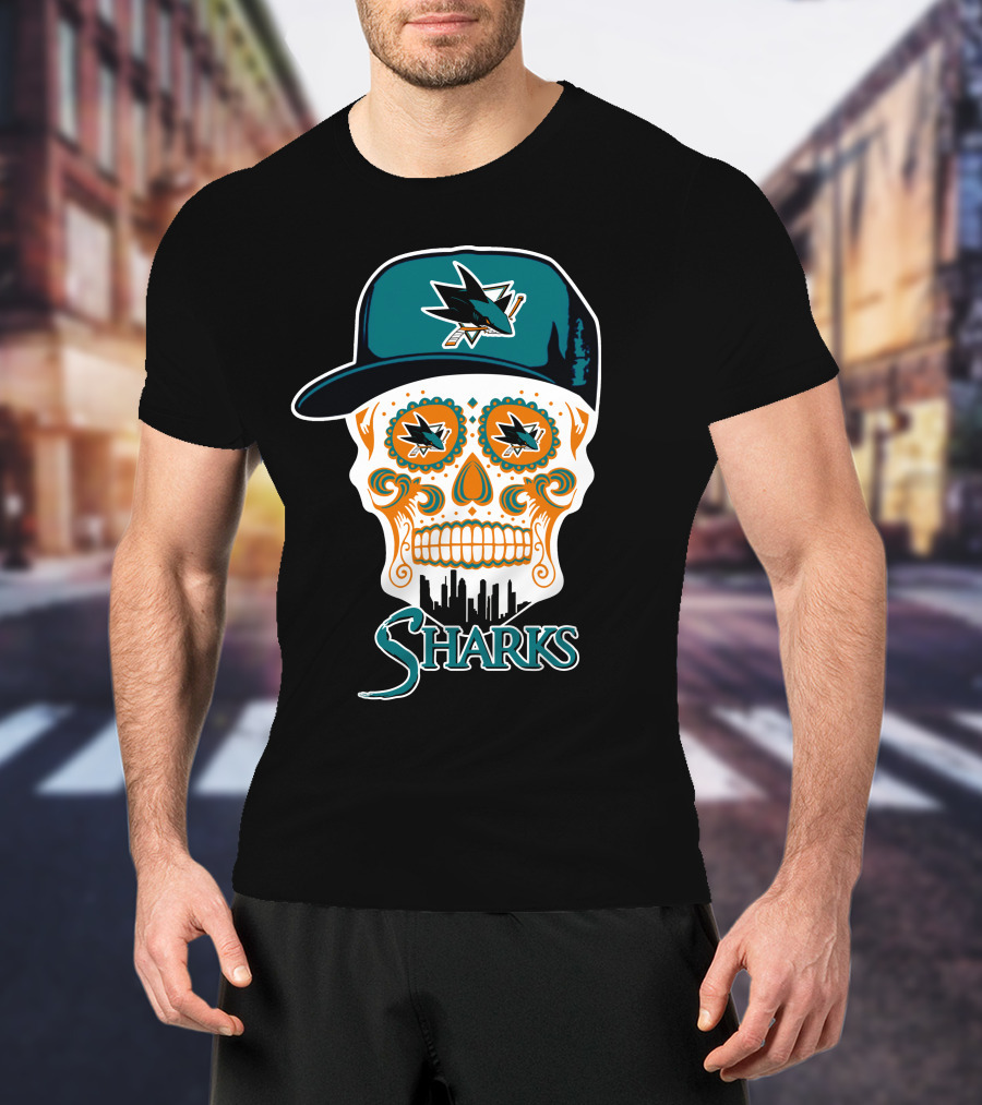 San Jose Sharks Skull With Logo And Cityscape Elements T-Shirt