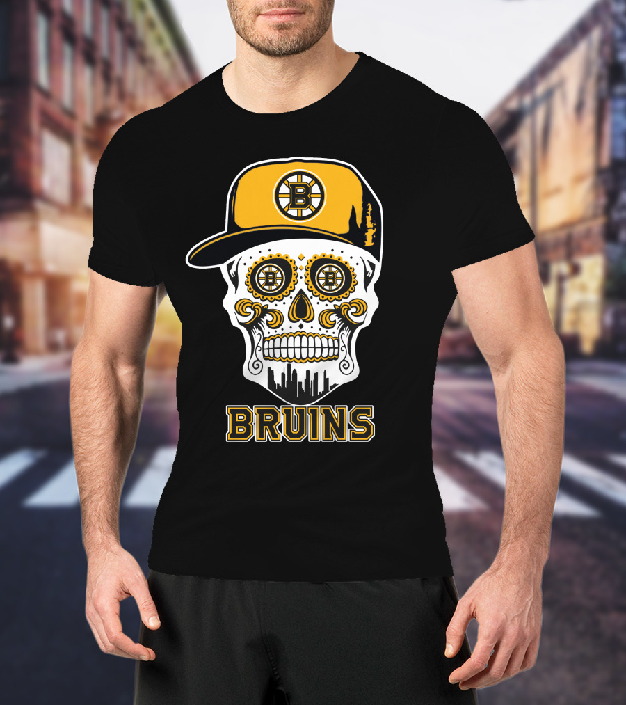 Boston Bruins Skull With Cap And City Silhouette T-Shirt
