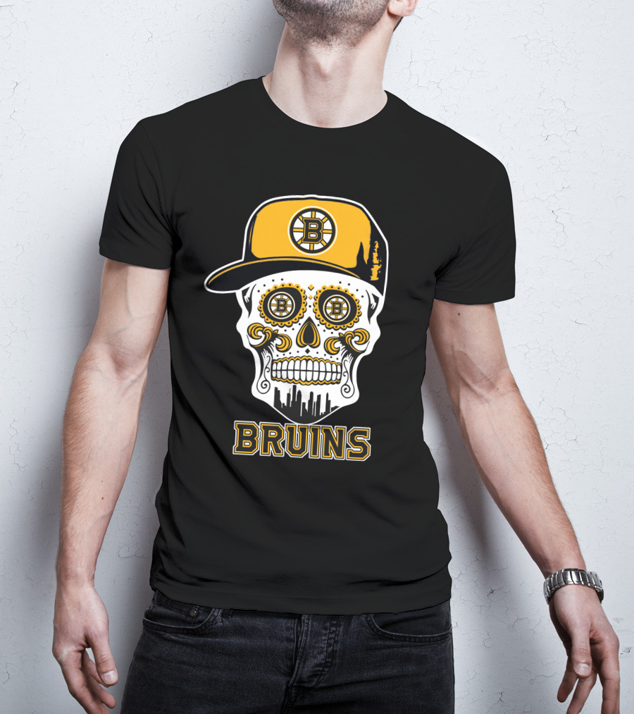 Boston Bruins Skull With Cap And City Silhouette T-Shirt