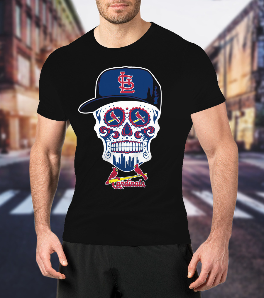 St Louis Cardinals Skull With Baseball Cap And City Skyline T-Shirt