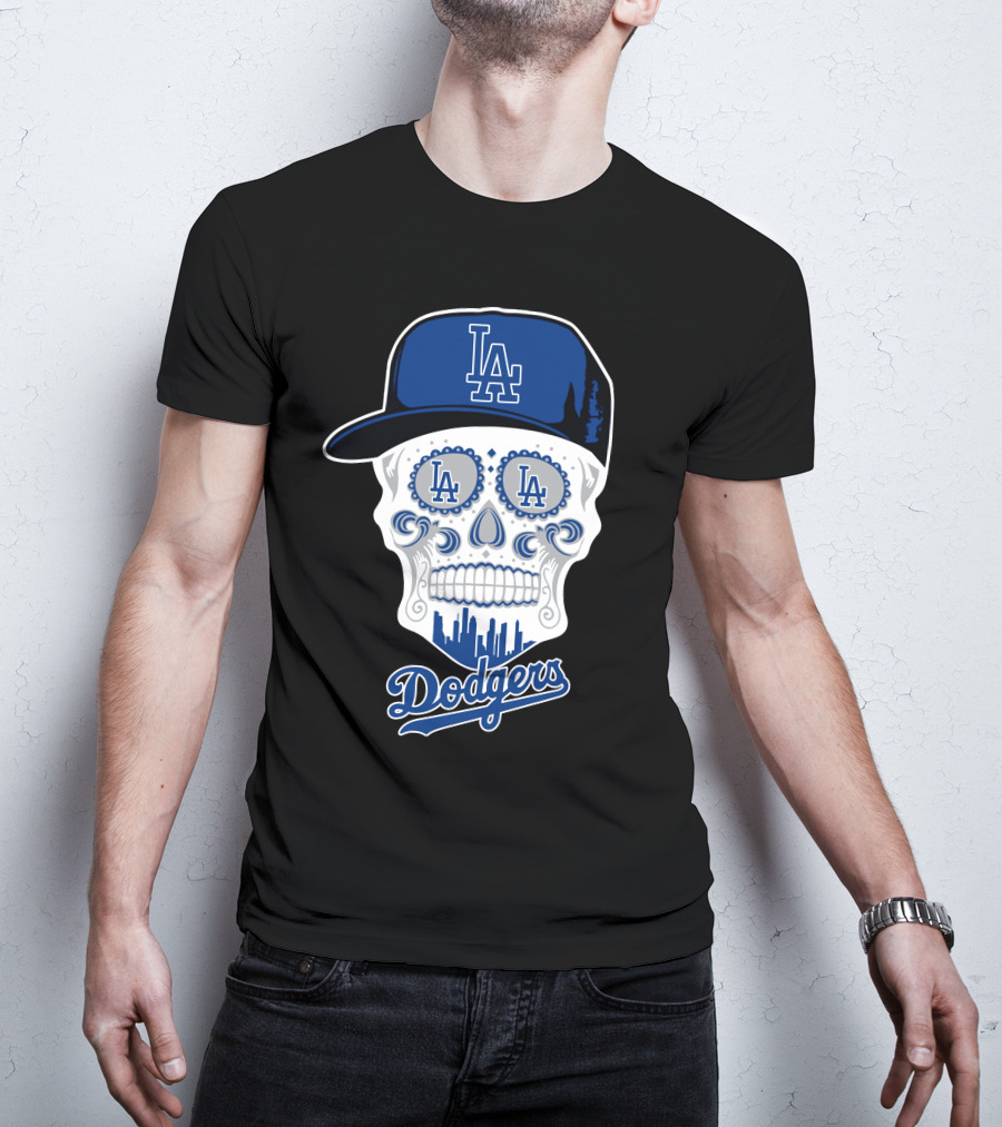 La Dodgers Skull With Cap And Cityscape T-Shirt