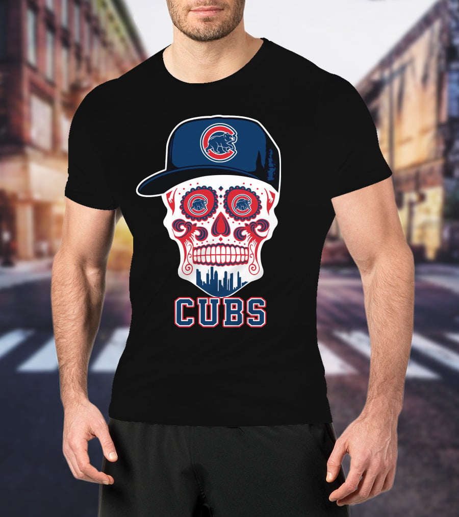 Chicago Cubs Skull Hat Red Blue Skyline T-Shirt