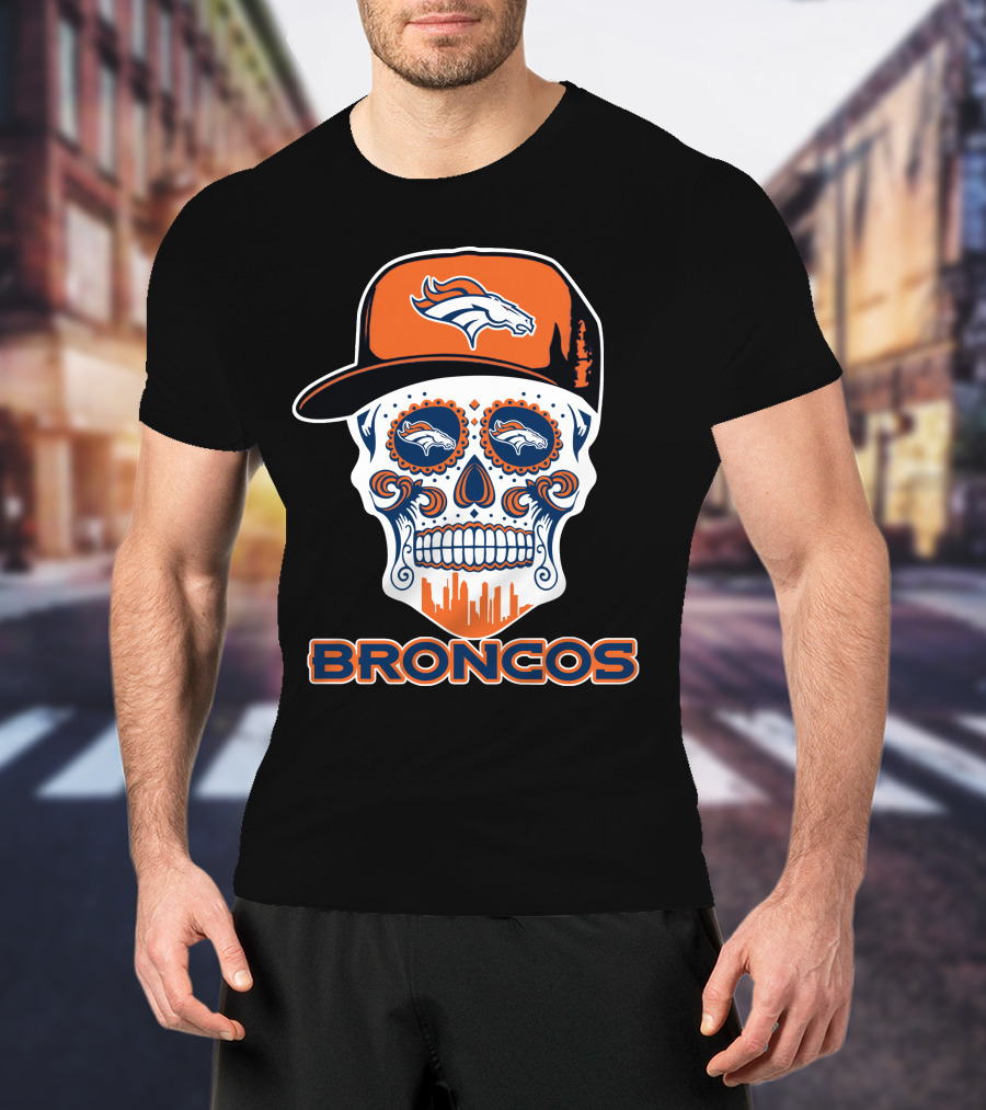 Denver Broncos Skull With Cap And Logos T-Shirt