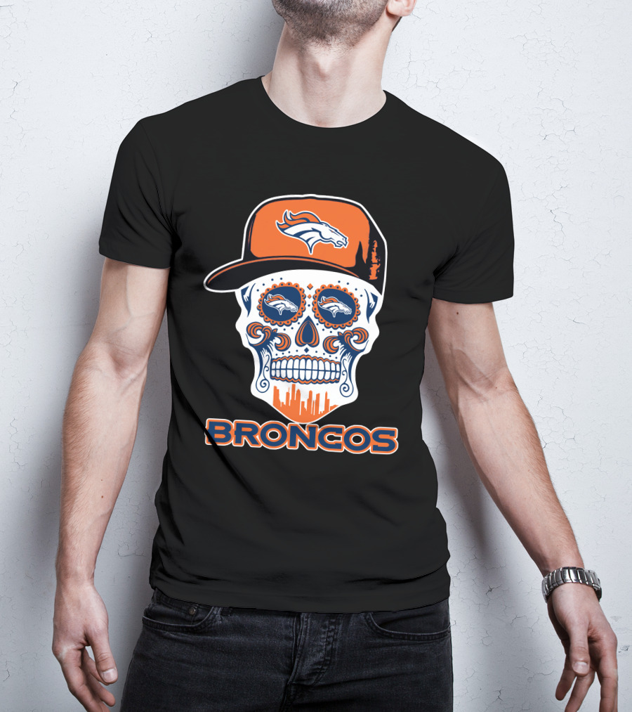 Denver Broncos Skull With Cap And Logos T-Shirt