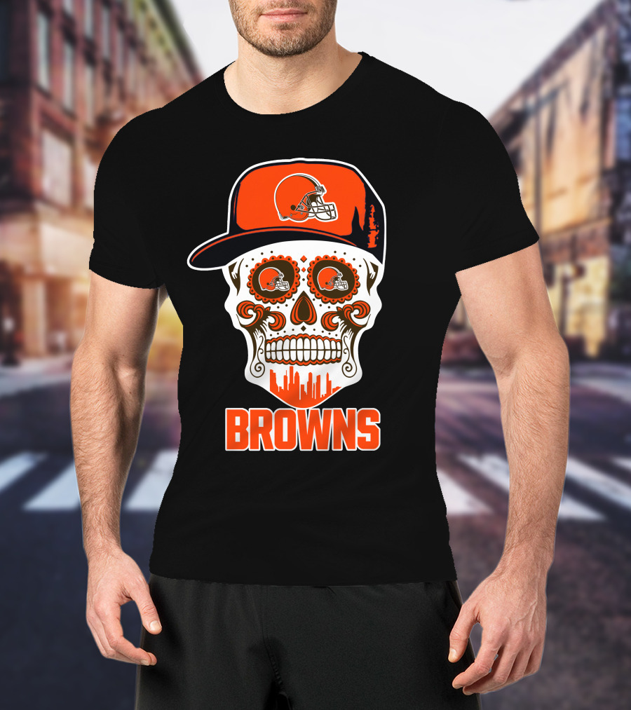 Browns Skull With Helmet And City Skyline T-Shirt