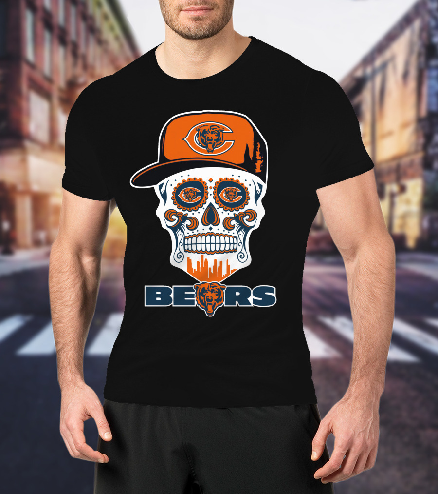 Chicago Bears Skull Hat Urban Skyline T-Shirt