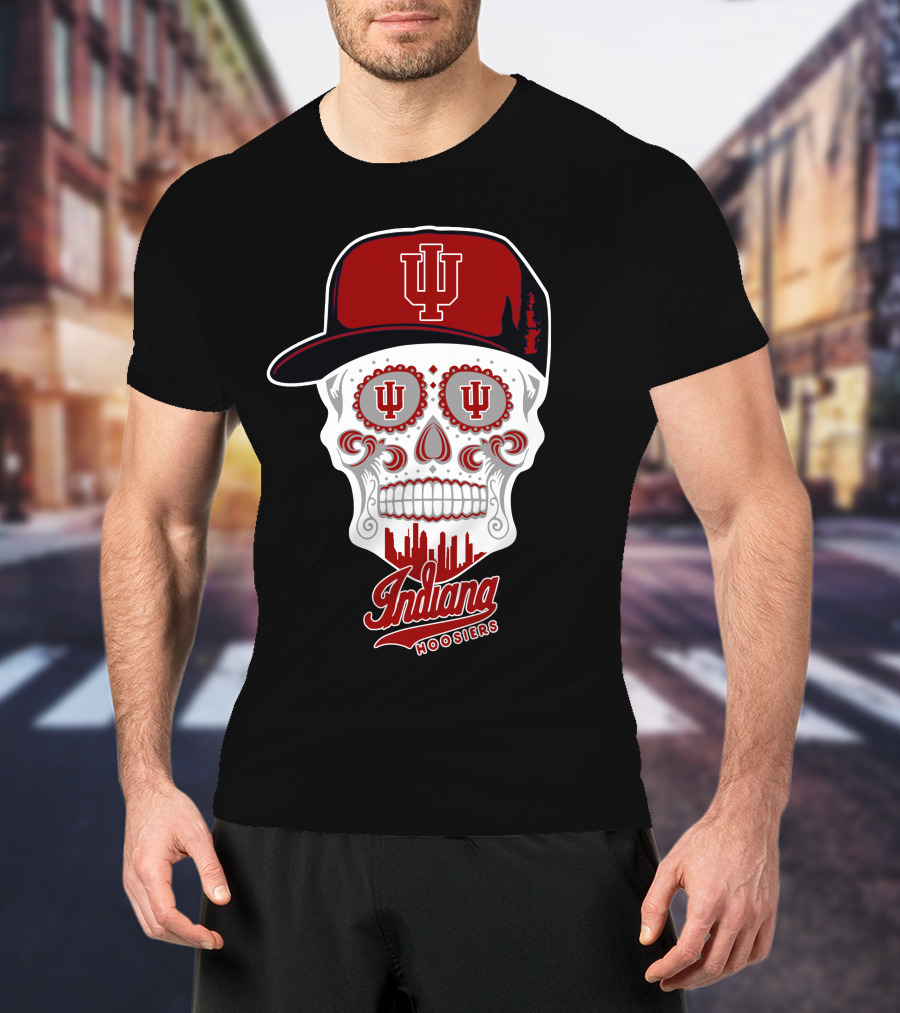 Indiana Hoosiers Skull With Hat And Skyline T-Shirt