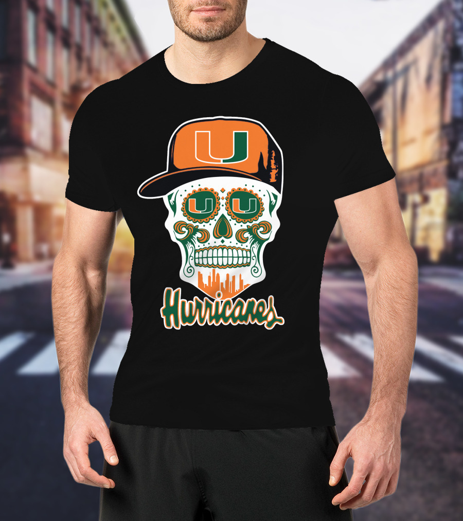 Miami Hurricanes Skull Orange And Green U Cap T-Shirt
