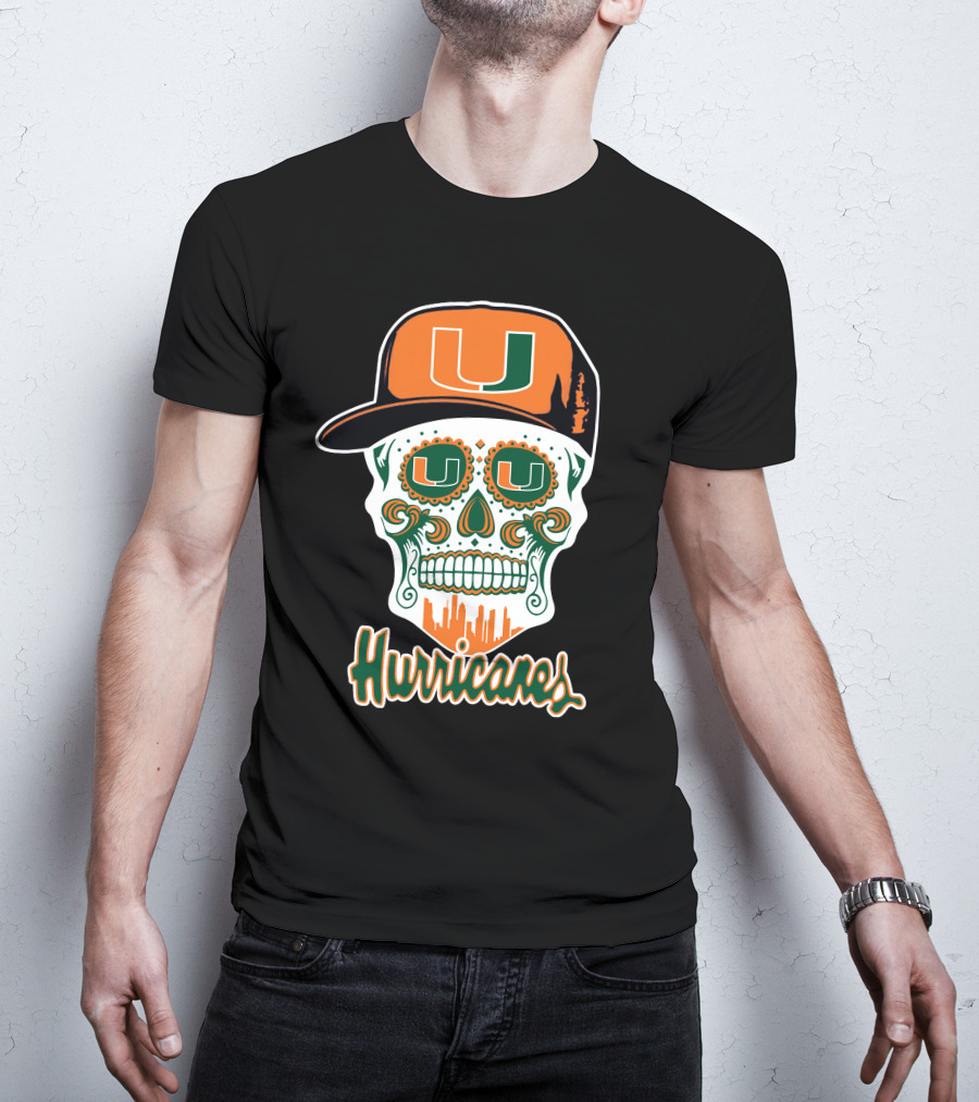 Miami Hurricanes Skull Orange And Green U Cap T-Shirt