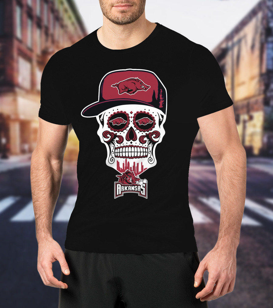 Arkansas Razorbacks Sugar Skull With Hat And Hog Logos T-Shirt