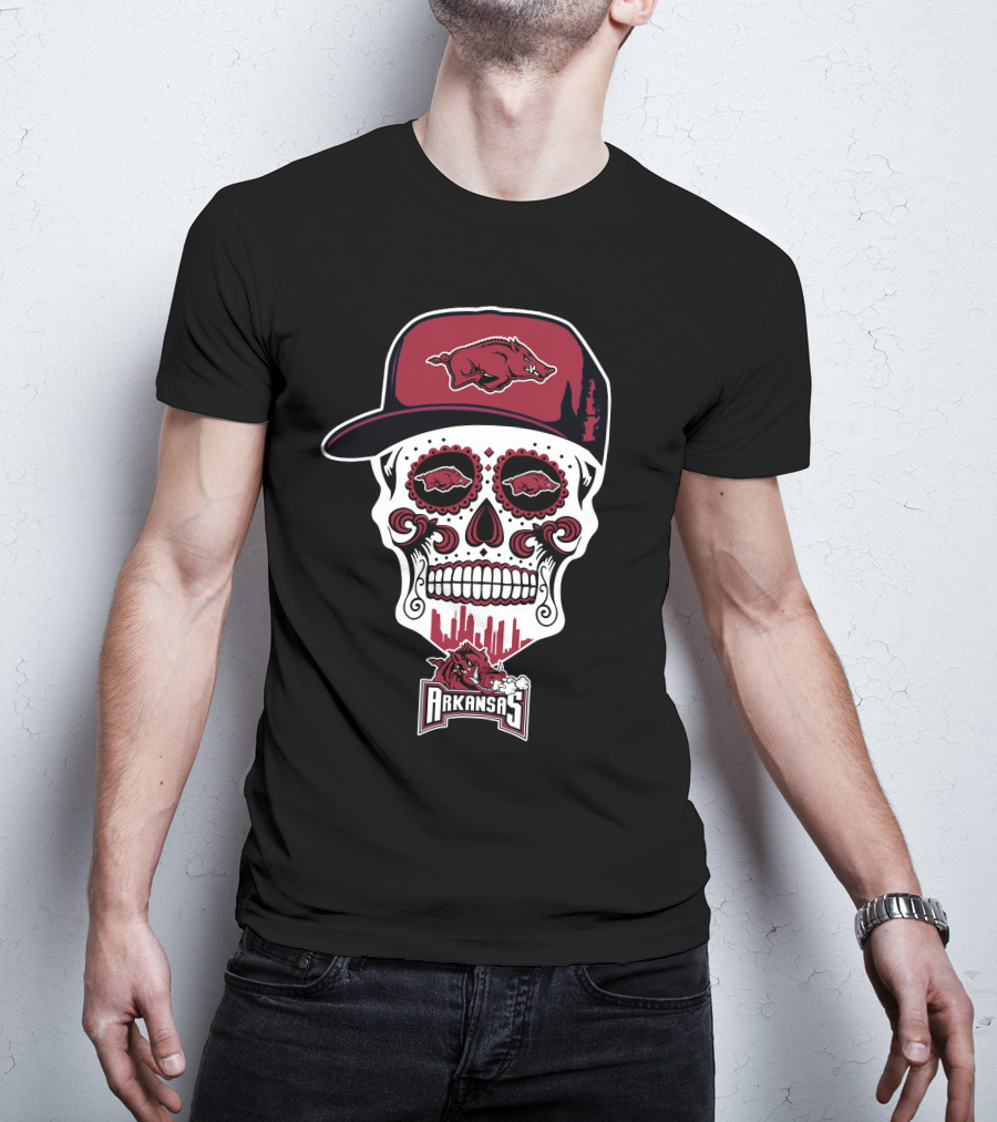 Arkansas Razorbacks Sugar Skull With Hat And Hog Logos T-Shirt