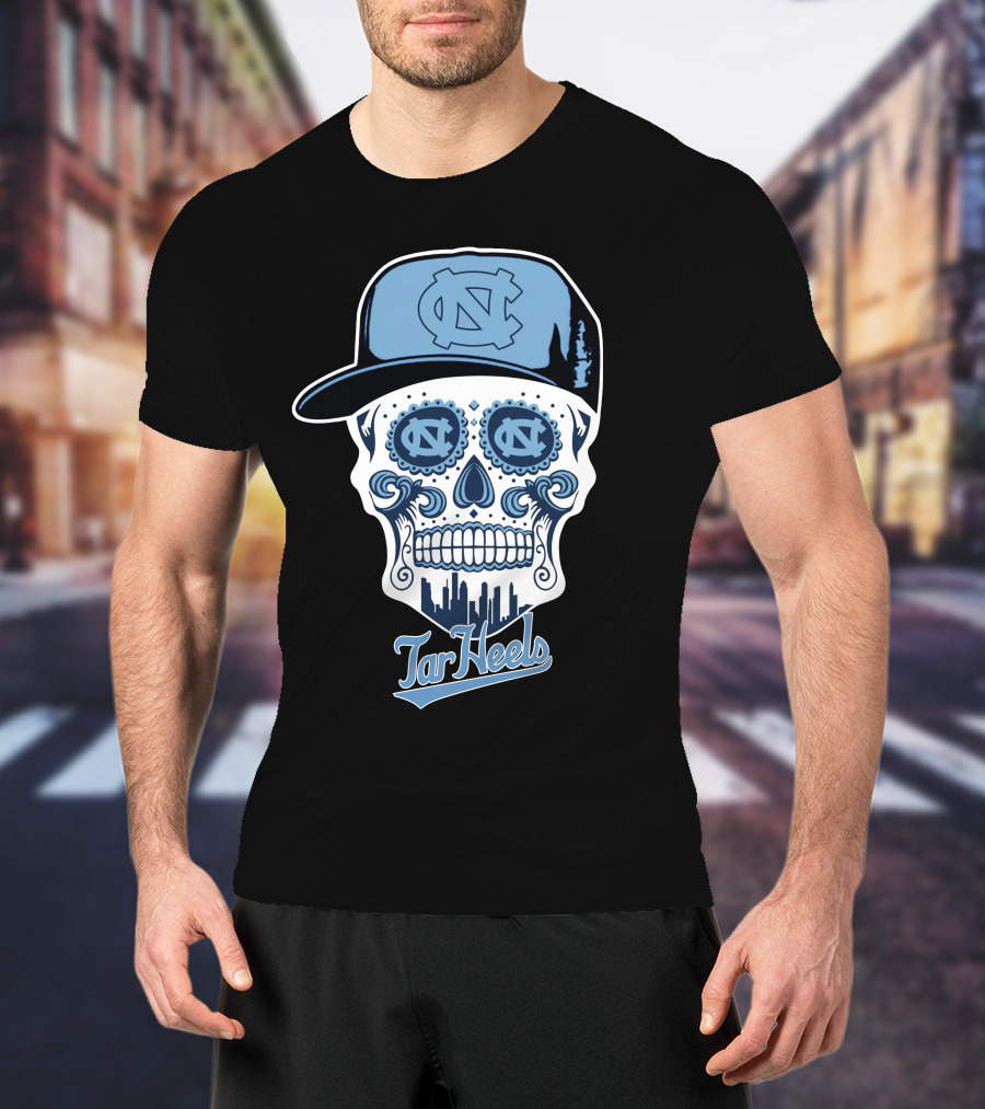 North Carolina Tar Heels Sugar Skull With Hat And Cityscape T-Shirt
