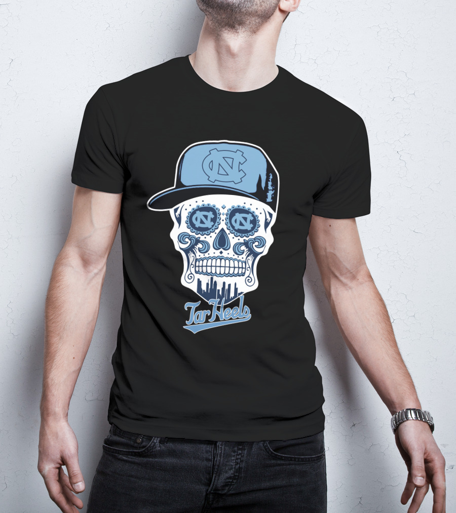 North Carolina Tar Heels Sugar Skull With Hat And Cityscape T-Shirt