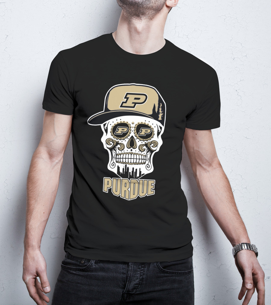 Purdue Boilermakers Skull With Cap And Urban Skyline T-Shirt