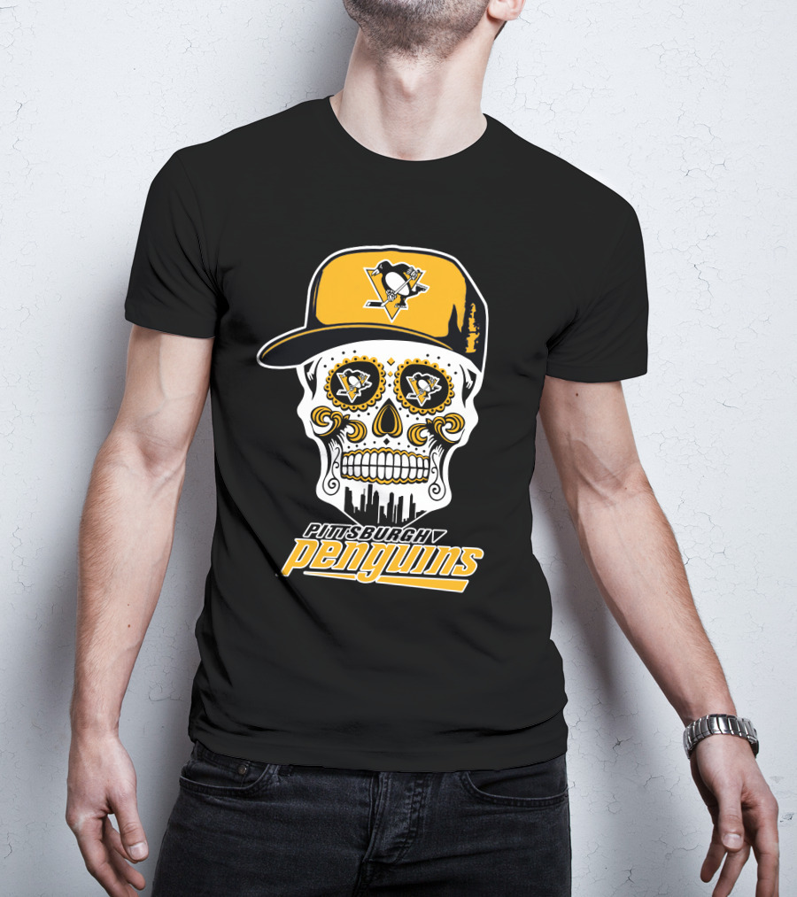 Pittsburgh Penguins Skull Hat Logo Skyline T-Shirt
