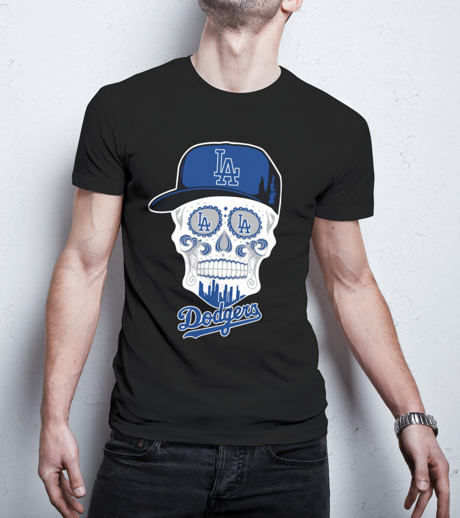 Los Angeles Dodgers Skull La Hat Blue City Skyline T-Shirt