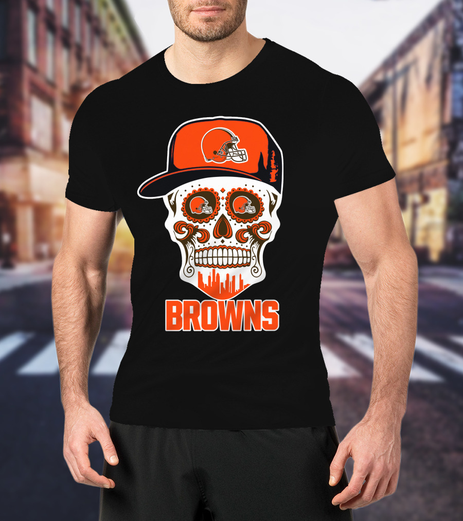 Cleveland Browns Sugar Skull With Orange Helmet And Brow Skyline T-Shirt