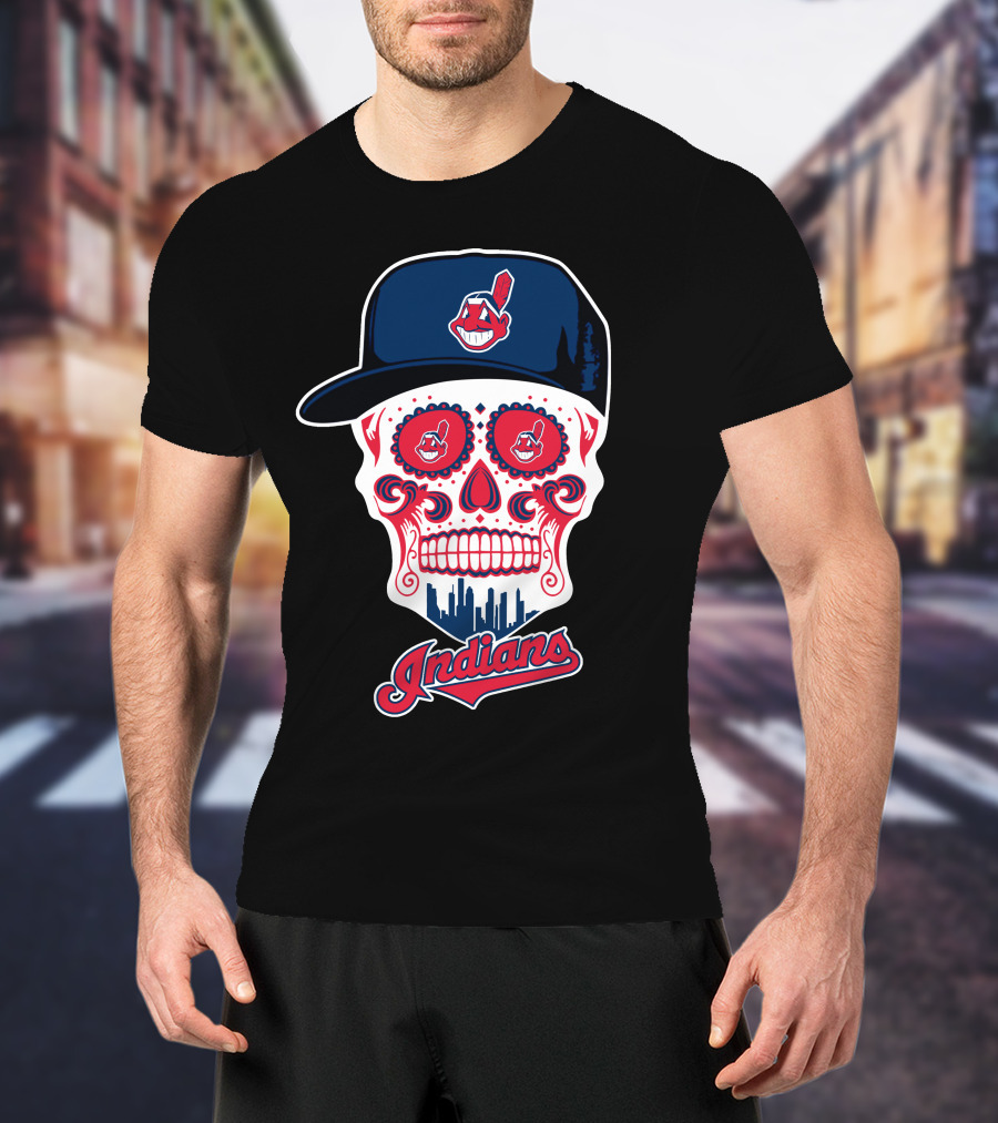 Cleveland Indians Sugar Skull With Baseball Cap And Skyline T-Shirt