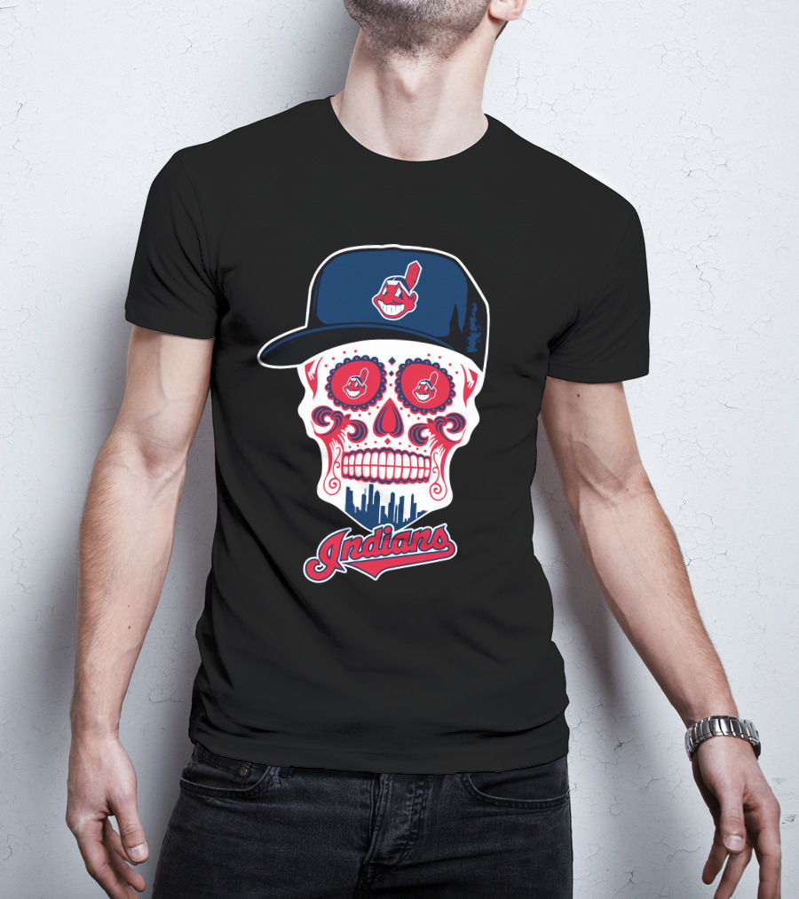 Cleveland Indians Sugar Skull With Baseball Cap And Skyline T-Shirt