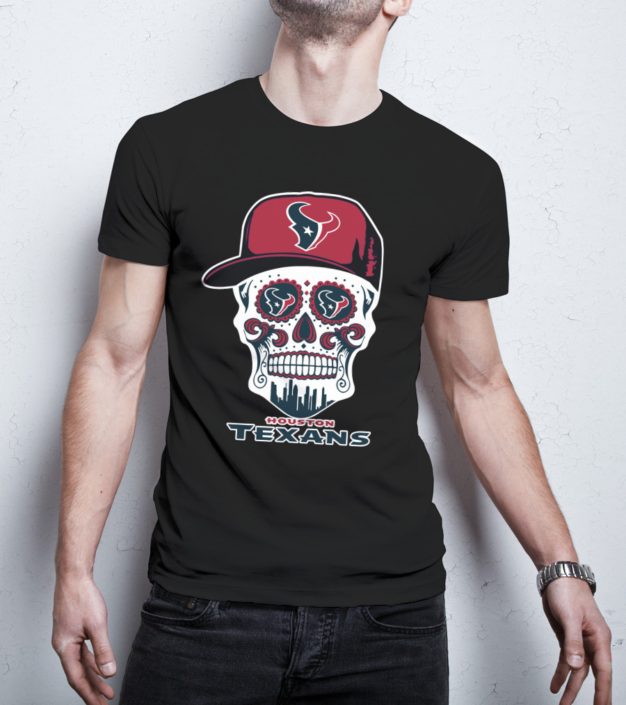 Houston Texans Skull With Cap And City Skyline T-Shirt