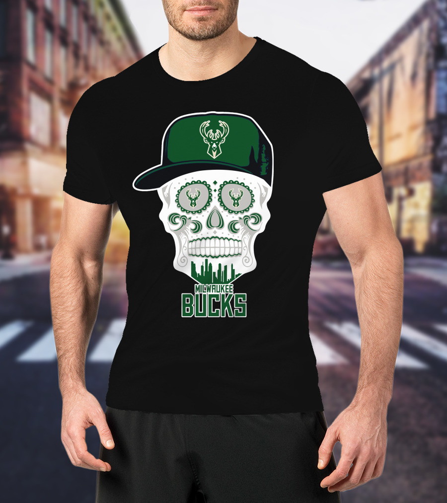Milwaukee Bucks Skull With Cap And Skyline T-Shirt