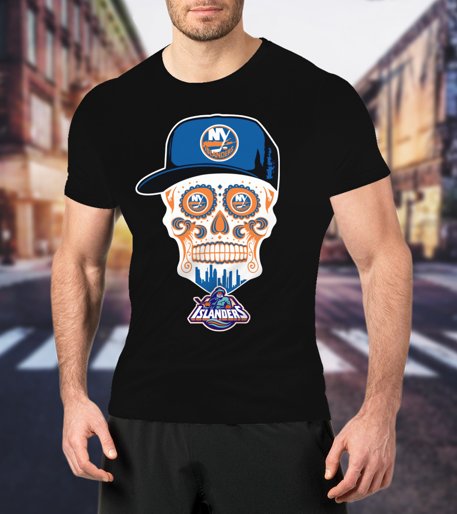 Ny Islanders Skull Logo With Cap And Cityscape T-Shirt