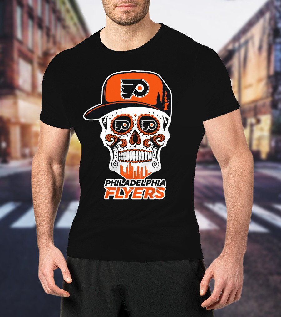 Philadelphia Flyers Skull Art With Cap And Skyline T-Shirt