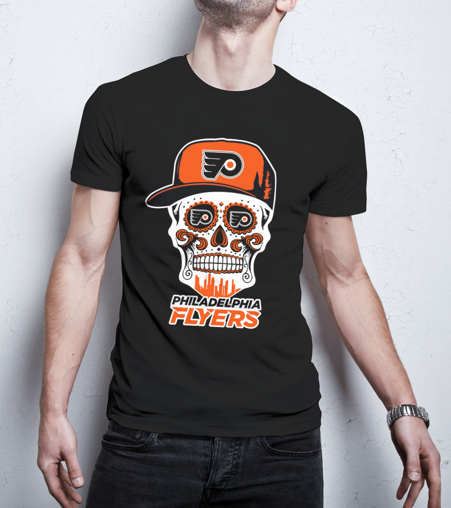 Philadelphia Flyers Skull Art With Cap And Skyline T-Shirt
