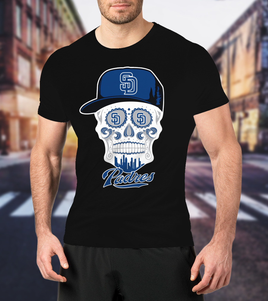San Diego Padres Skull Design With Sd Cap And Cityscape Elements T-Shirt