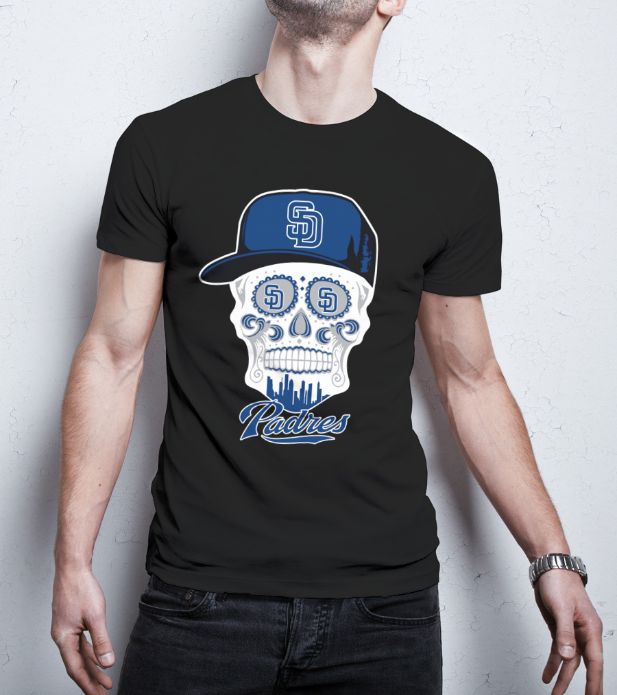 San Diego Padres Skull Design With Sd Cap And Cityscape Elements T-Shirt