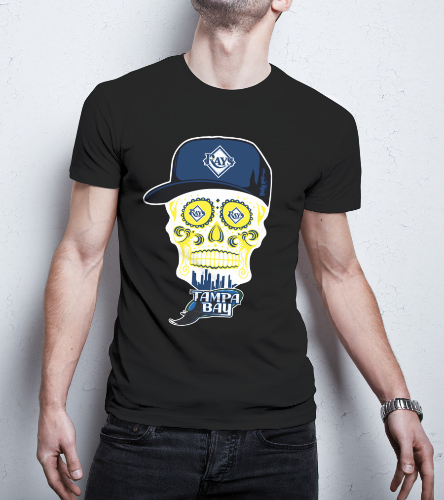 Tampa Bay Rays Skull With Hat And City Skyline T-Shirt