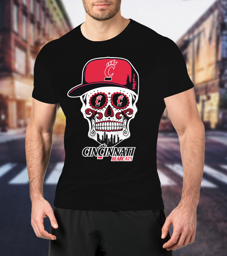 Cincinnati Bearcats Skull With Red Cap And Cityscape Elements T-Shirt