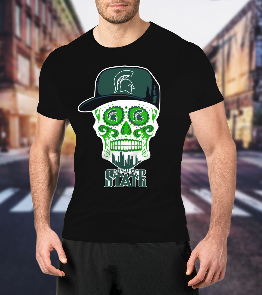 Michigan State Spartans Skull With Hat And Cityscape T-Shirt