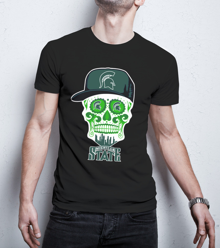 Michigan State Spartans Skull With Hat And Cityscape T-Shirt