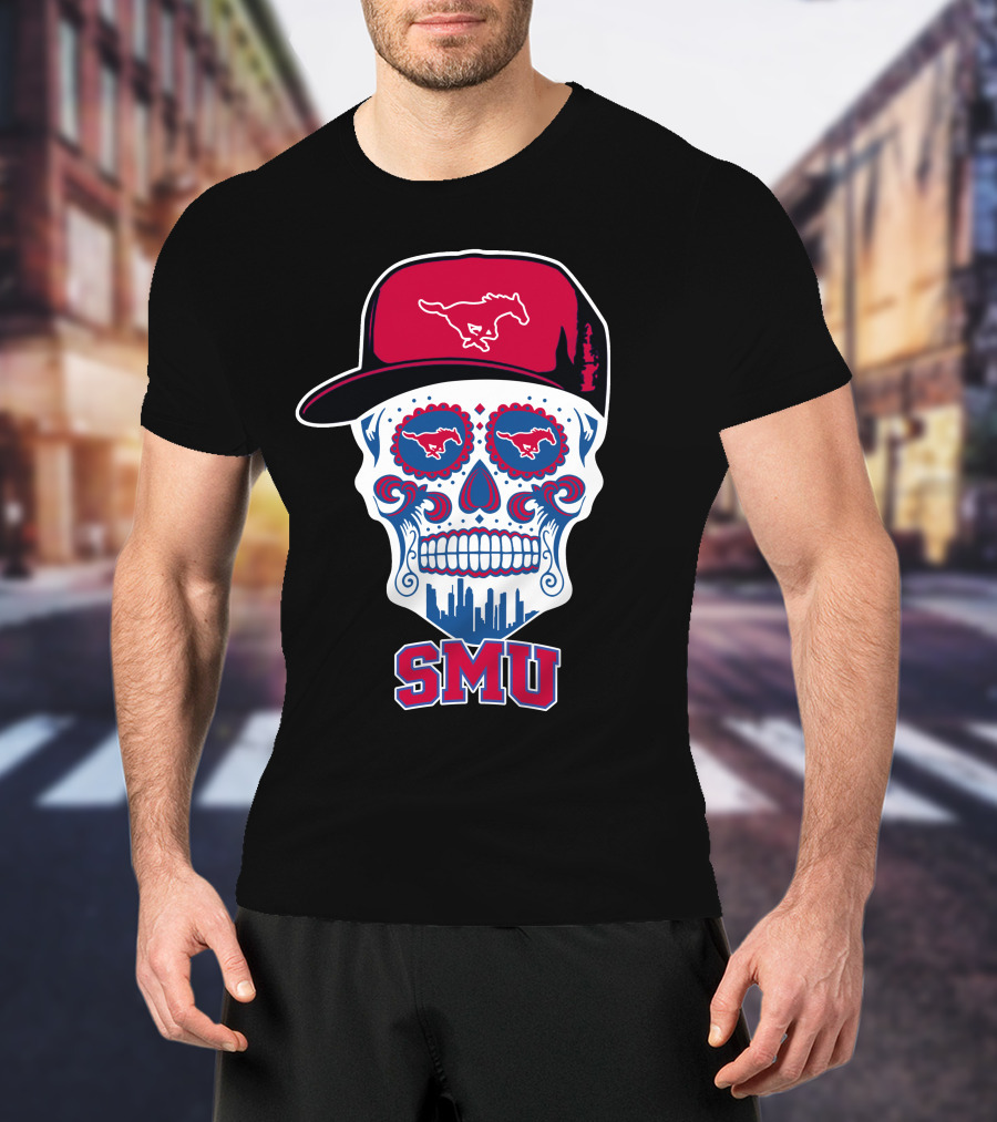 Smu Mustangs Skull With Hat And Skyline T-Shirt