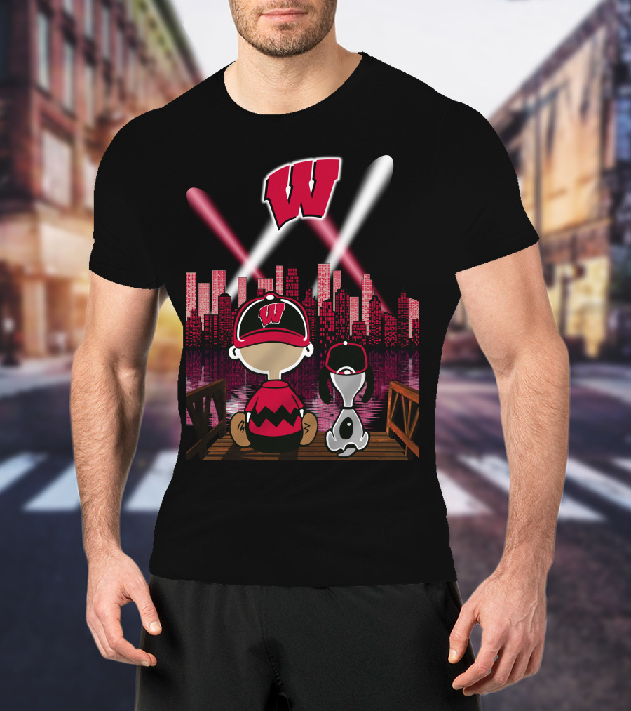 Wisconsin Badgers Night City Skyline With Cartoon Characters T-Shirt