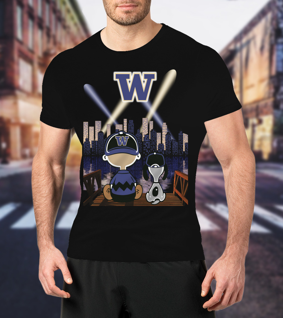 W Washington Huskies City Skyline At Night With Baseball Cap Characters T-Shirt